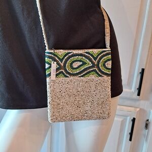 About Color Chic Beaded Crossbody Bag - Green and Cream